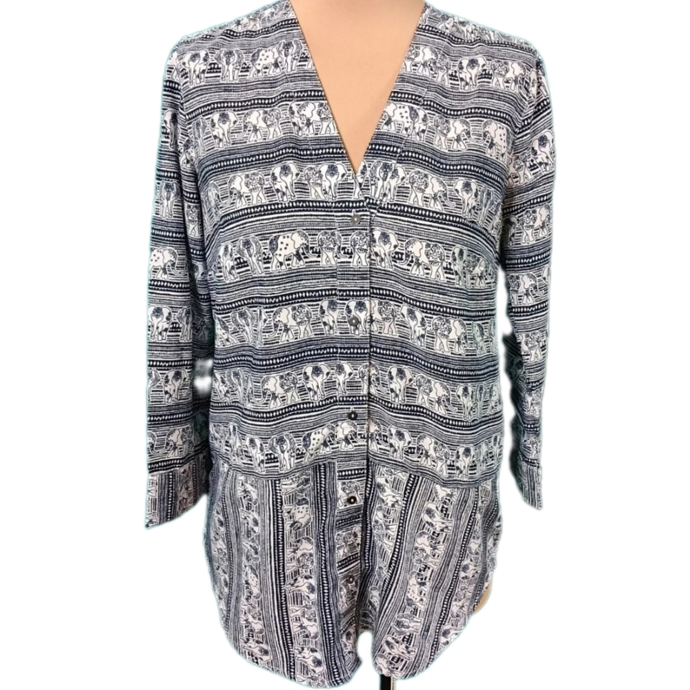 Downeast Tunic Top Womens XS‎ Navy White Elephant Print Button-Up Lagenlook